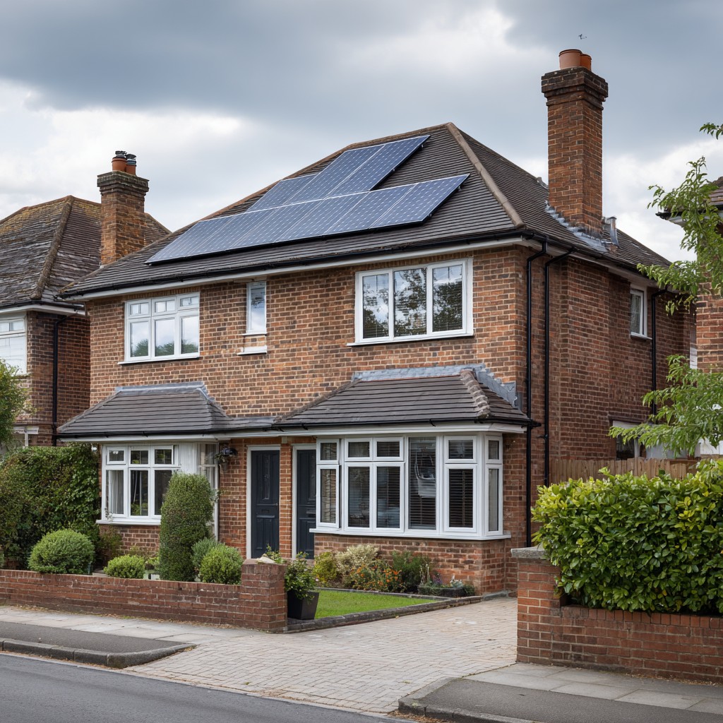 modern solar panels installed on the pitched roof of a semi-detached suburban house in South London