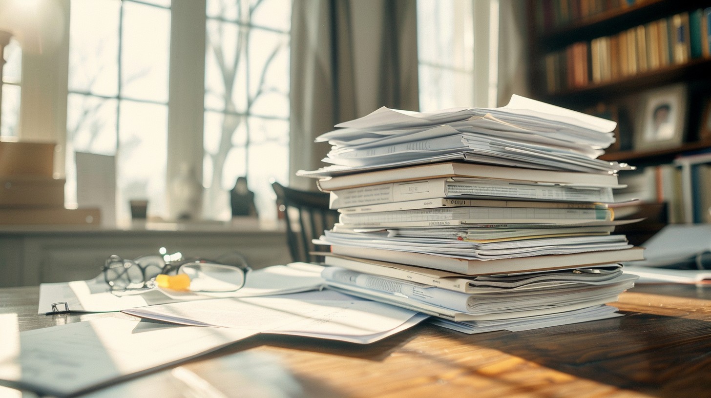 a dense stack of government energy sector papers spread across a large oak desk