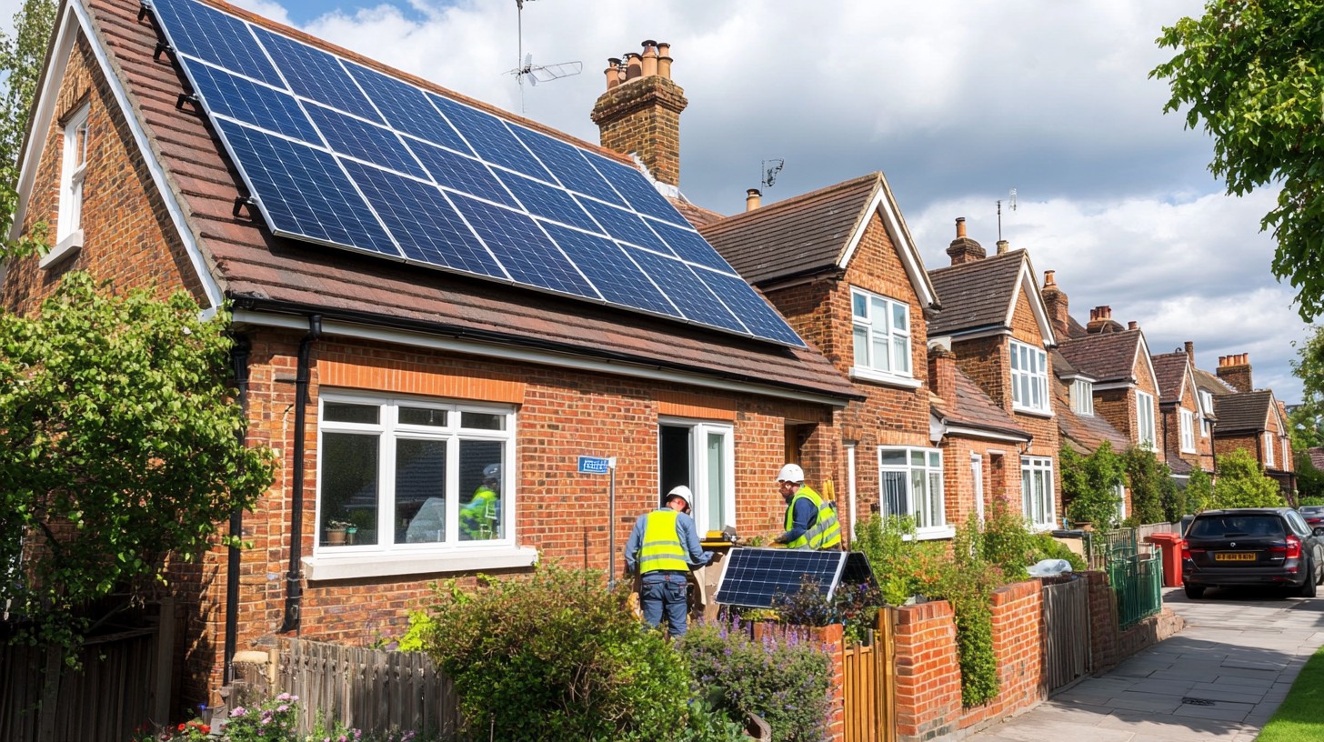 Two technicians in the process of installing roof solar panels on a detached house in South London