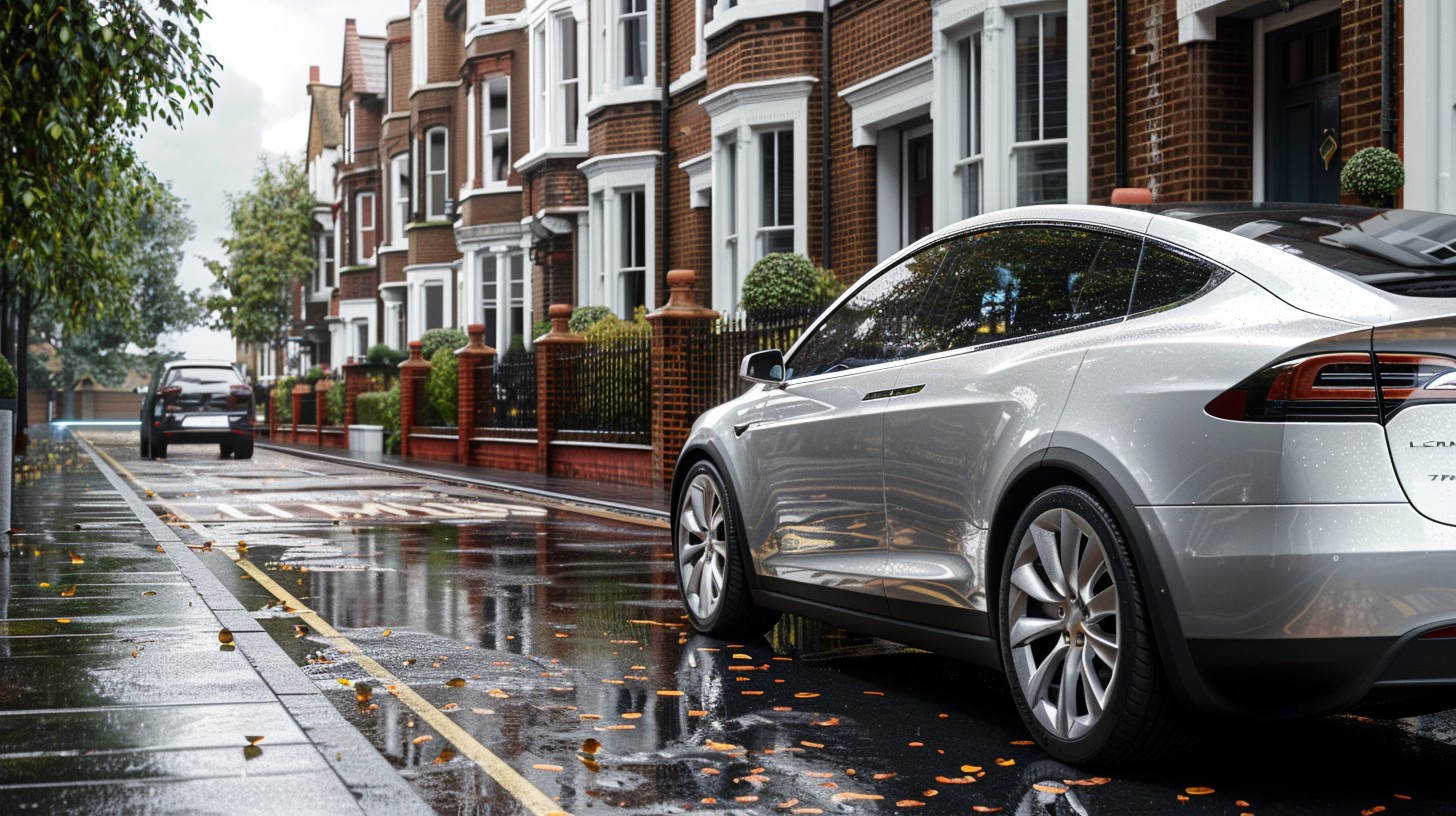 a sleek modern electric vehicle driving through suburban South London, quiet residential street with Victorian and 1930s terraced houses